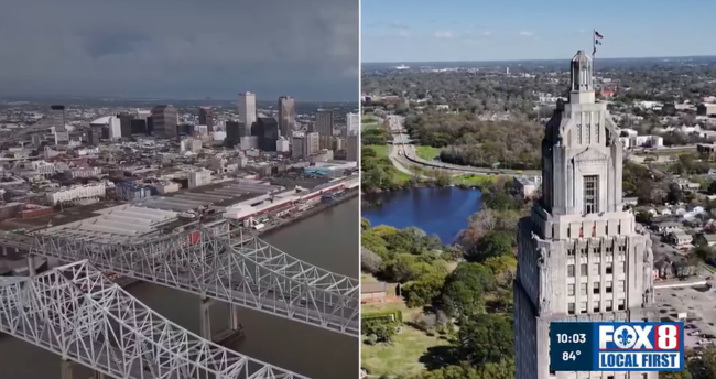 FOX8 Split-screen aerial view of two cities: left shows a riverfront with a large steel truss bridge and downtown skyline; right features a tall ornate building by a park and river, with FOX8 Local First logo.