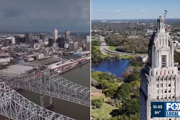 FOX8 Split-screen aerial view of two cities: left shows a riverfront with a large steel truss bridge and downtown skyline; right features a tall ornate building by a park and river, with FOX8 Local First logo.