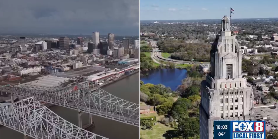 FOX8 Split-screen aerial view of two cities: left shows a riverfront with a large steel truss bridge and downtown skyline; right features a tall ornate building by a park and river, with FOX8 Local First logo.