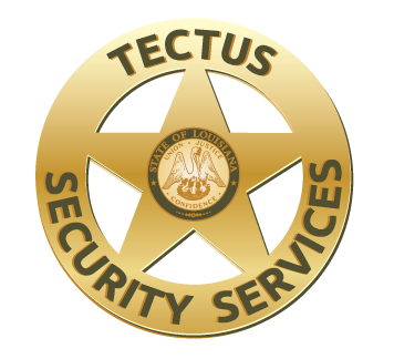 Gold circular TECTUS Security Services badge with a five-point star and the Louisiana state seal at center, conveying security authority